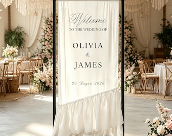 Personalized Wedding Welcome Sign, Custom Ruffled Sheer Chiffon Welcome Sign, Boho Wedding Ceremony Wedding Enterance Decor, Fabric Banner