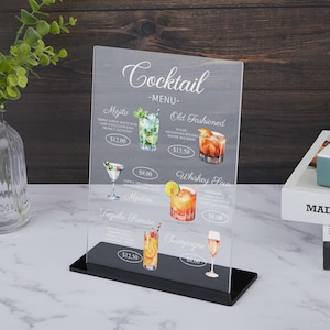 Enseigne de menu en acrylique, Enseigne de boisson signature, Liste de prix de menu de bar, Enseigne de cocktail signature, Carte de boissons personnalisée, Enseigne de carte de cocktail de table