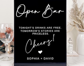 Letrero de acrílico para boda con barra libre, diseño minimalista moderno. Las bebidas corren por mi cuenta.