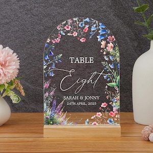 Wildflower Wedding Table Numbers: Acrylic with Wood Stand