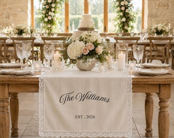 Personalized Lace Wedding Table Runner, Custom Sweetheart Table Sign, Engagement Party Decor, Wedding Reception Decor, Bridal Table Decor