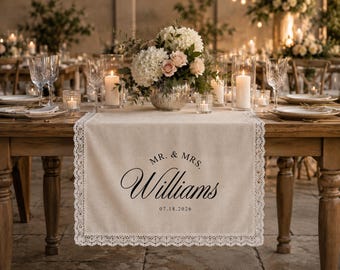 Personalized Lace Wedding Table Runner, Custom Lace Sweetheart Sign with Initials, Rustic Garden Reception Decor, Welcome Table Banner