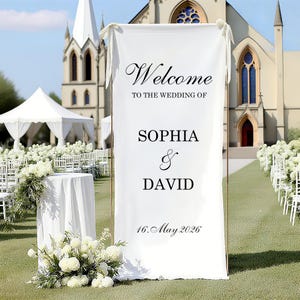 Custom Silk Wedding Sign: Modern Outdoor Banner, Engagement Decor