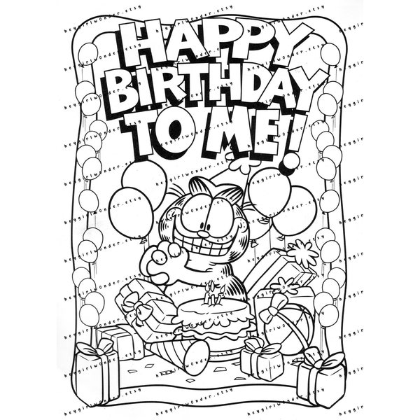 PDF File GARFIELD Happy Birthday to Me! High Res Printable for Big size, parties, group coloring, kids parties, gift pack,
