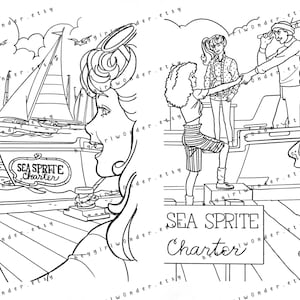 Puede incluir: Ilustraci&oacute;n en blanco y negro de l&iacute;nea de arte de cuatro personas en un barco. El barco est&aacute; etiquetado como "Sea Sprite Charter".