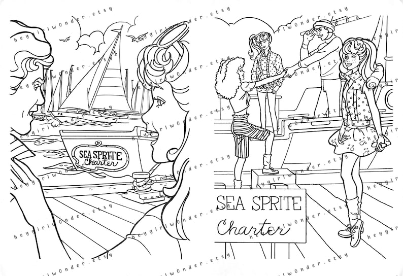 Puede incluir: Ilustraci&oacute;n en blanco y negro de l&iacute;nea de arte de cuatro personas en un barco. El barco est&aacute; etiquetado como "Sea Sprite Charter".