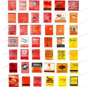May include: A collection of 36 vintage matchbook covers featuring various businesses and restaurants. The matchbooks are arranged in a grid pattern and are mostly red, orange, and yellow. Some of the matchbooks feature illustrations of buildings, food, and people.