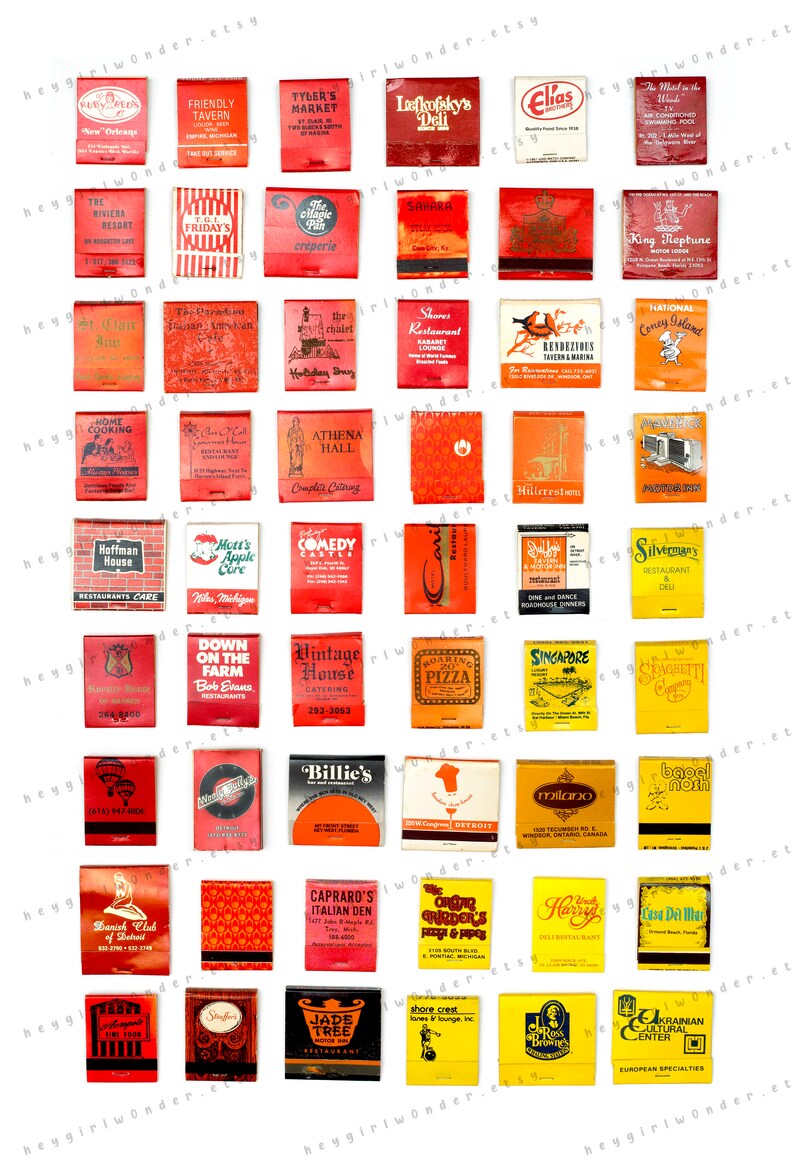 May include: A collection of 36 vintage matchbook covers featuring various businesses and restaurants. The matchbooks are arranged in a grid pattern and are mostly red, orange, and yellow. Some of the matchbooks feature illustrations of buildings, food, and people.
