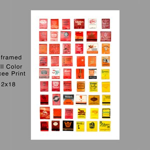 May include: A collage of 64 vintage matchbook covers, each featuring a different restaurant or business name and logo. The matchbooks are arranged in a grid pattern and are predominantly red, orange, and yellow.