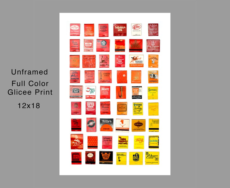 May include: A collage of 64 vintage matchbook covers, each featuring a different restaurant or business name and logo. The matchbooks are arranged in a grid pattern and are predominantly red, orange, and yellow.