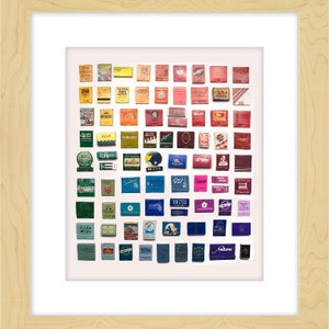 May include: A collection of vintage matchboxes arranged in a rainbow pattern. The matchboxes feature various designs and colors, including red, blue, green, yellow, and purple. Some matchboxes have logos or text, while others have images.
