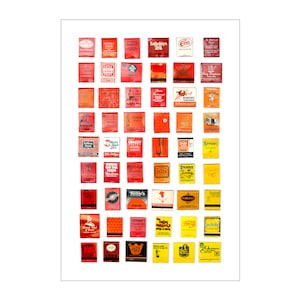 May include: A collection of 64 vintage matchbook covers, arranged in a grid. The covers are mostly red and orange, with some yellow and white accents. The matchbooks feature various business names and logos, including "The Village Inn", "Billy's", "Caprice Tavern", and "Down on the Farm".