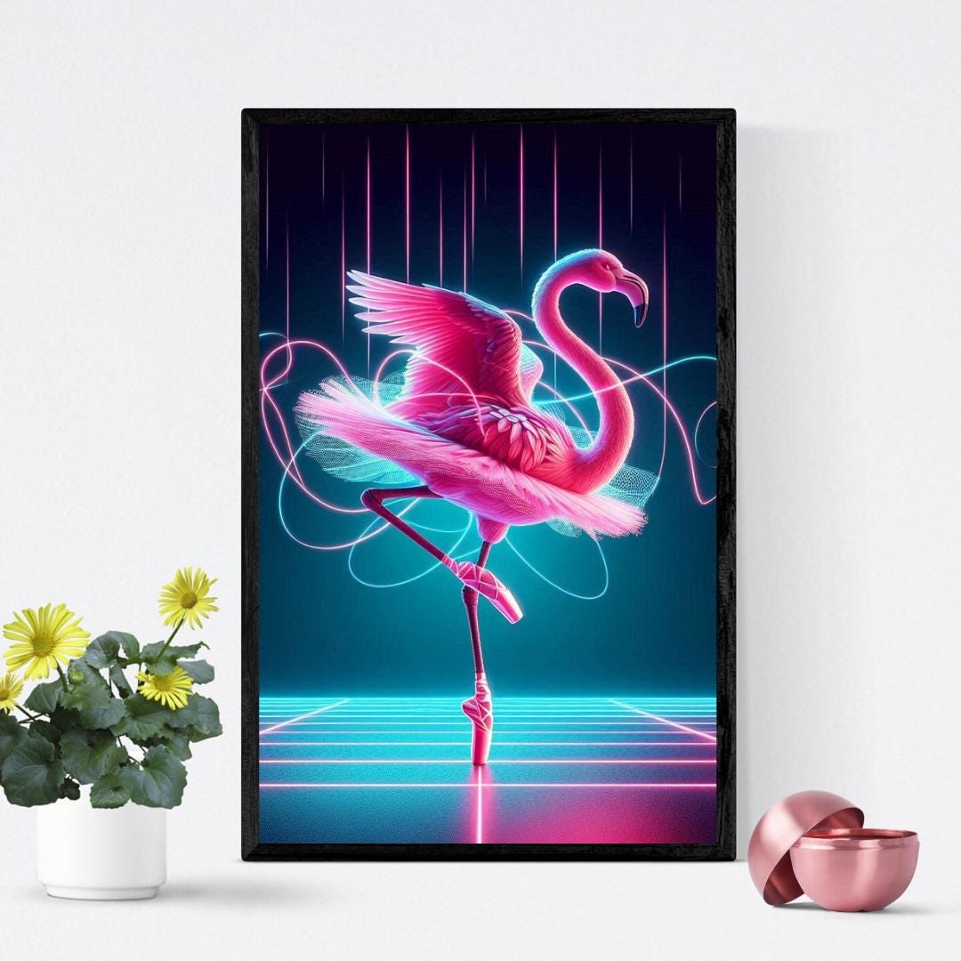 Pink flamingo dressed in tutu dancing ballet, wall decor, tropical animal pop art, neon lights,
