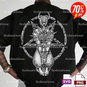 May include: Black t-shirt featuring a white graphic of a figure bound within a pentagram, with the text "ReshmaHome" repeated. A red and white "70% OFF" sticker is visible. The design is detailed and intricate.