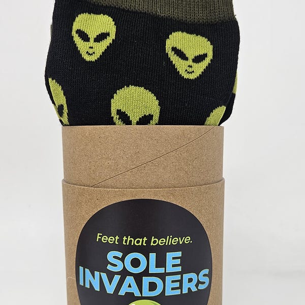 Alien Socks for Men Sole Invaders | 2 Pairs in a Tube | Funny Gift for Him | UFO Novelty Socks | Sci-Fi Gift | Feet That Believe