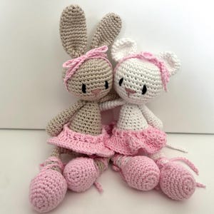 Pode incluir: Dois animais de peluche de crochê, um coelho e um rato, vestindo tutus cor-de-rosa e sapatilhas de balé cor-de-rosa. O coelho é castanho e o rato é branco.