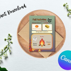 Könnte beinhalten: Eine herbstliche Einladung mit dem Text "Fall Festivities" und Veranstaltungsdetails. Das Design beinhaltet einen Kürbis, einen Heuballen, ein Lagerfeuer und S'mores, mit den Wörtern "Instant Download" und "Canva".