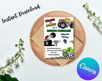 May include: A party invitation with a monster truck theme. The invitation features colorful monster truck illustrations and the text "Smash and Crash It's a Monster Truck Bash". The invitation is for Richard's 4th birthday.