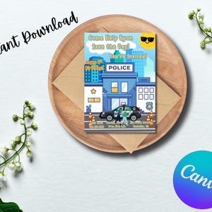 May include: A birthday invitation card with a police theme. The card features a police station illustration, a police car, and the text "Come Help Ryan Save the Day!" and "You're Invited!" The card is on a wooden plate with an envelope.