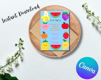 Fruit Birthday Invitation: Editable Kawaii Party, Tropical Theme