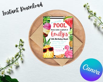 Cool at the Pool Birthday Invitation • Editable Summer Bash Template • Tropical Fruit Flamingo Party • Instant Download • Sun • Summer Party