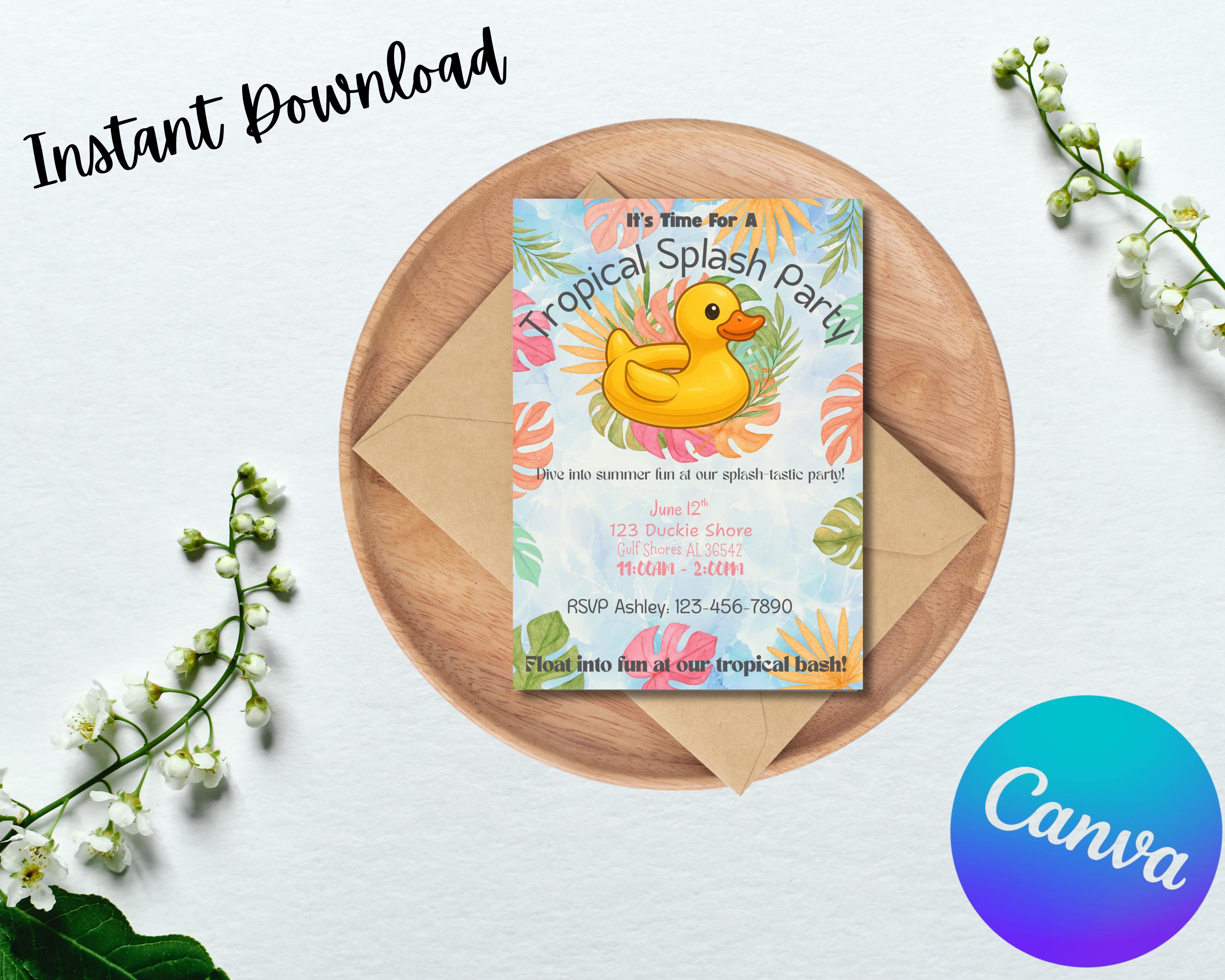 Tropical Duck Splash Bash Invitation • Editable Pool Party Invite • Summer Luau Theme • Instant Download • Sun • Summer Party • Block Party