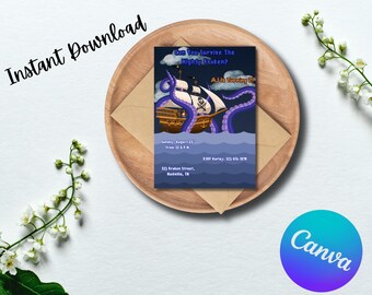 May include: A pirate-themed invitation featuring a ship and a kraken. The text reads "Can You Survive The Mighty Kraken?" and "AJ Is Turning 7!" with event details. The design is on a wooden plate with an envelope.