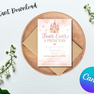 Faire-part de princesse pour quatre d'entre eux • Modèle modifiable pour la fête des 4 ans • Thème du conte de fées du château rose • Téléchargement numérique instantané
