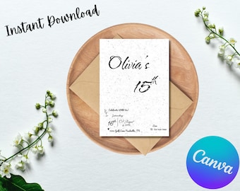 Minimalist 15th Birthday Invitation | Black & White Editable Party Invite | Teen Birthday Template | Instant Download