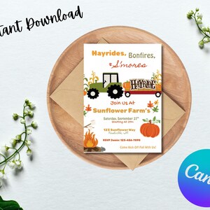May include: An invitation design with the text "Hayrides, Bonfires, & S'mores" and a tractor graphic. The invitation includes details for Sunflower Farm's event, with a pumpkin and bonfire illustration. The words "Instant Download" are at the top.
