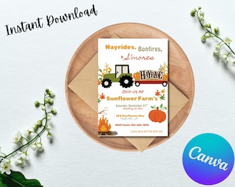 Hayride Bonfire Fall Invitation | Rustic Autumn Farm Party Printable | S&#39;mores & Tractor Ride Editable Template