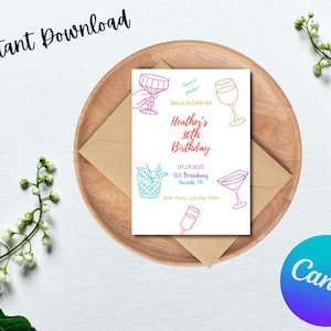 May include: A birthday invitation featuring the text "Heather's 30th Birthday" and event details. The design includes cocktail illustrations in pink, blue, and gold, with the words "Instant Download" at the top.