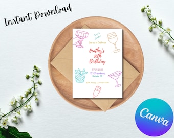 Colorful Cocktail Birthday Invitation • Editable Hand-Drawn Drink Theme • 21, 30, 40, 50th Birthday Template • Instant Download