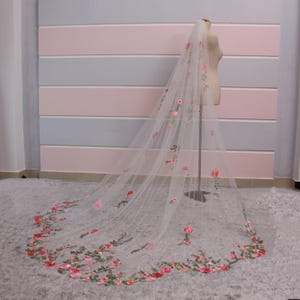 VH33 | Cathedral floral embroidered veil, Multicolored wedding veil, Long boho style bridal veil, Garden bridal veil, wildflower veil