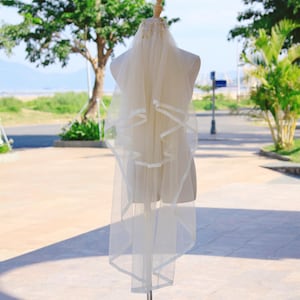 VH74 | Two Tier Lace Ribbon Bridal Veil|Ivory Cathedral Bridal Veil|Fingertip Wedding Veil|Knee Length Bridal Veil|Custom Bridal Veil