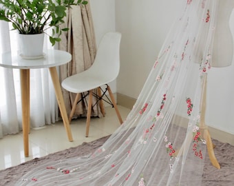 V48, Long bridal veil embroidered with wildflower lace | 1 tier wedding veil | boho bridal veil| unique wedding veil | Custom bridal veils.