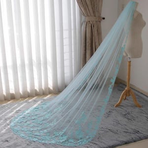 VH82 | Light blue floral wedding veil | 1-tier floral wedding veil | Dreamy church bridal veil | Custom tulle veil | Elegant blue bride veil