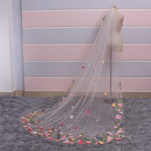 VH23 | Rainbow Floral Bridal Veil. Colorful Flower Embroidered Veil. Long Tulle Wedding Veil. Multicolor 3D Applique Veil. Bridal Veil
