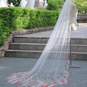 VH62 | Pink red wildflower bridal veil | floral lace bridal veil | custom tiered bridal veil | woodland wedding bridal veil | bridal veil