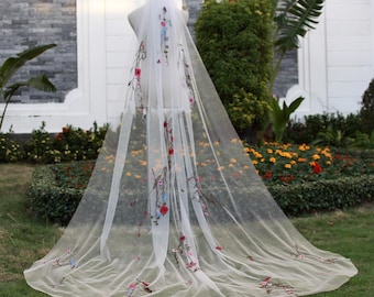 V61, Véu de noiva floral multicolorido – Véu de casamento com flores silvestres, véu estilo jardim secreto, véu de tule personalizado de uma camada com pente