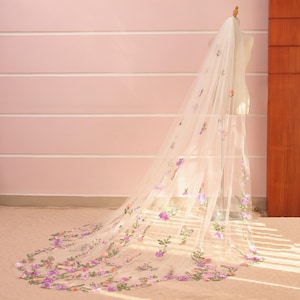 V96, Floral Embroidered Wedding Veil, Long Cathedral Veil, Pink Purple Flower Bridal Veil, Soft Tulle Veil, Romantic Bridal Accessories