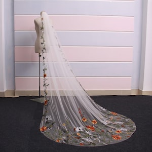 Embroidered Floral Cathedral Wedding Veil: Vibrant Wildflower Bridal Veil