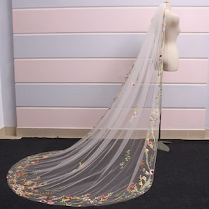 Wildflower Embroidered Cathedral Veil: Multicolor Floral Tulle, Boho Wedding
