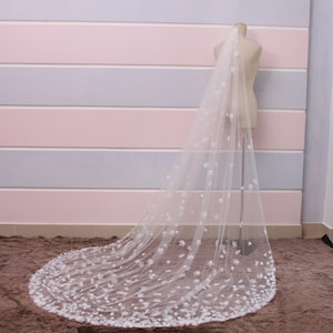 VH 105 | Cathedral Wedding Veil with 3D Petal Appliqués | Long Ivory Tulle Veil | Soft Floral Bridal Veil | Romantic Chapel Veil