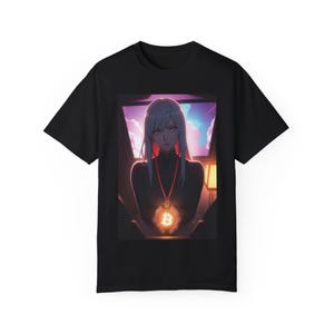 May include: Black t-shirt featuring a digital art print. The graphic depicts a person with light blue hair and a Bitcoin pendant. The background shows a colorful, futuristic scene. The shirt is a classic crew neck style.