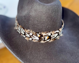 Feather Hat Band: SILVER PHEASANT genuine handcrafted natural authentic deerskin cowboy cowgirl hat guinea rooster peacock