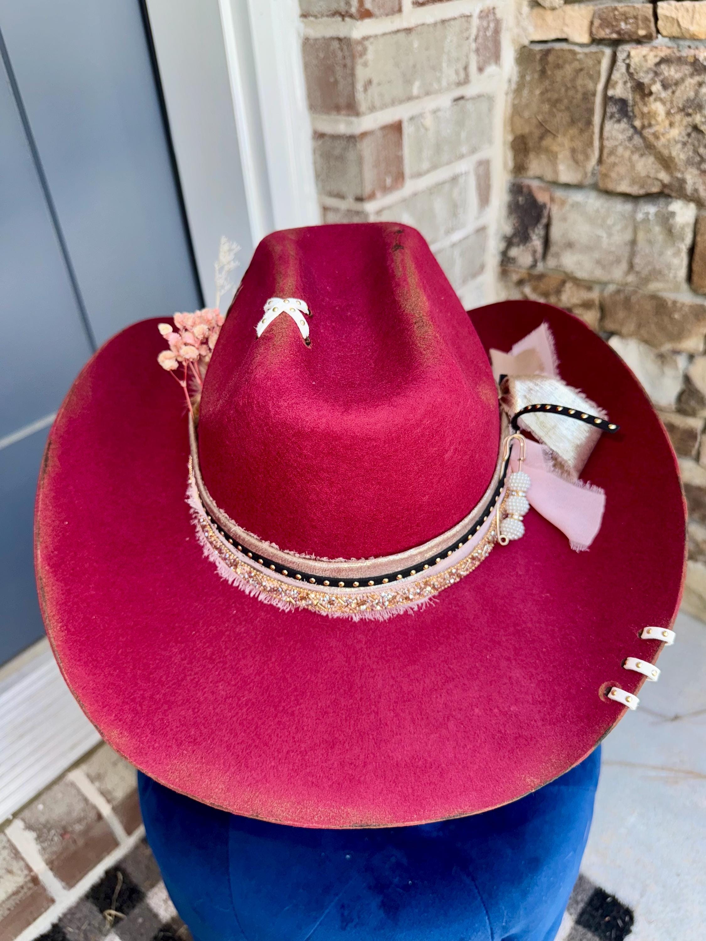 Distressed Burgundy Felt Cowboy Hat: Rhinestone, Feather  display picture 2