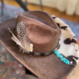 Custom Brown Vegan Felt Cowboy Hat: Cowhide & Turquoise