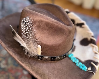 Custom Brown Vegan Felt Cowboy Hat: Cowhide & Turquoise