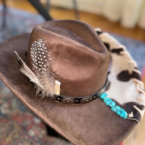Australian Wool Felt Distressed Western Hat with Turquoise Beaded Band Turquoise Felt Cowboy Hat for Women - Etsy main image 4